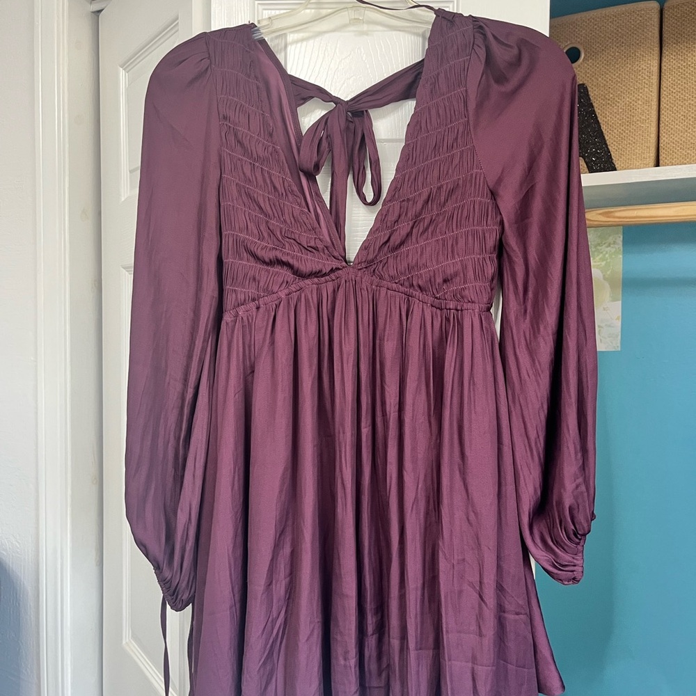Deep Plum Long Sleeve Tie-Back Mini Dress